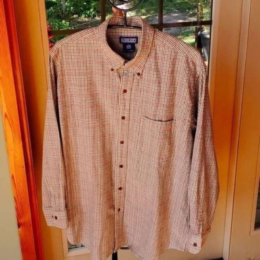 Lands' End Autumn Brown Plaid Flannel‎ Casual Button Down Sz. L Shirt w Pocket